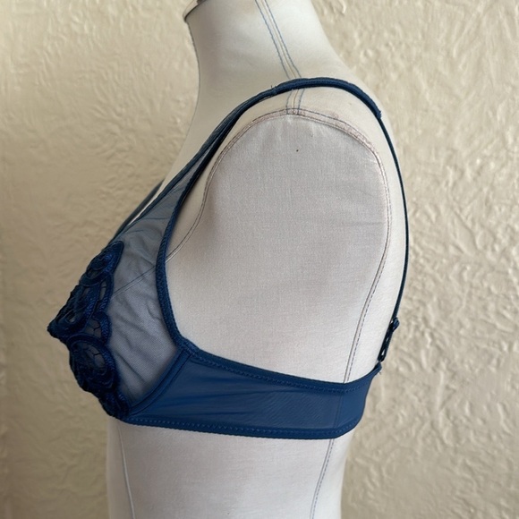 Maison Lejaby Blue Embroidered Sheer Mesh Plunge Bra 34B - Picture 5 of 10